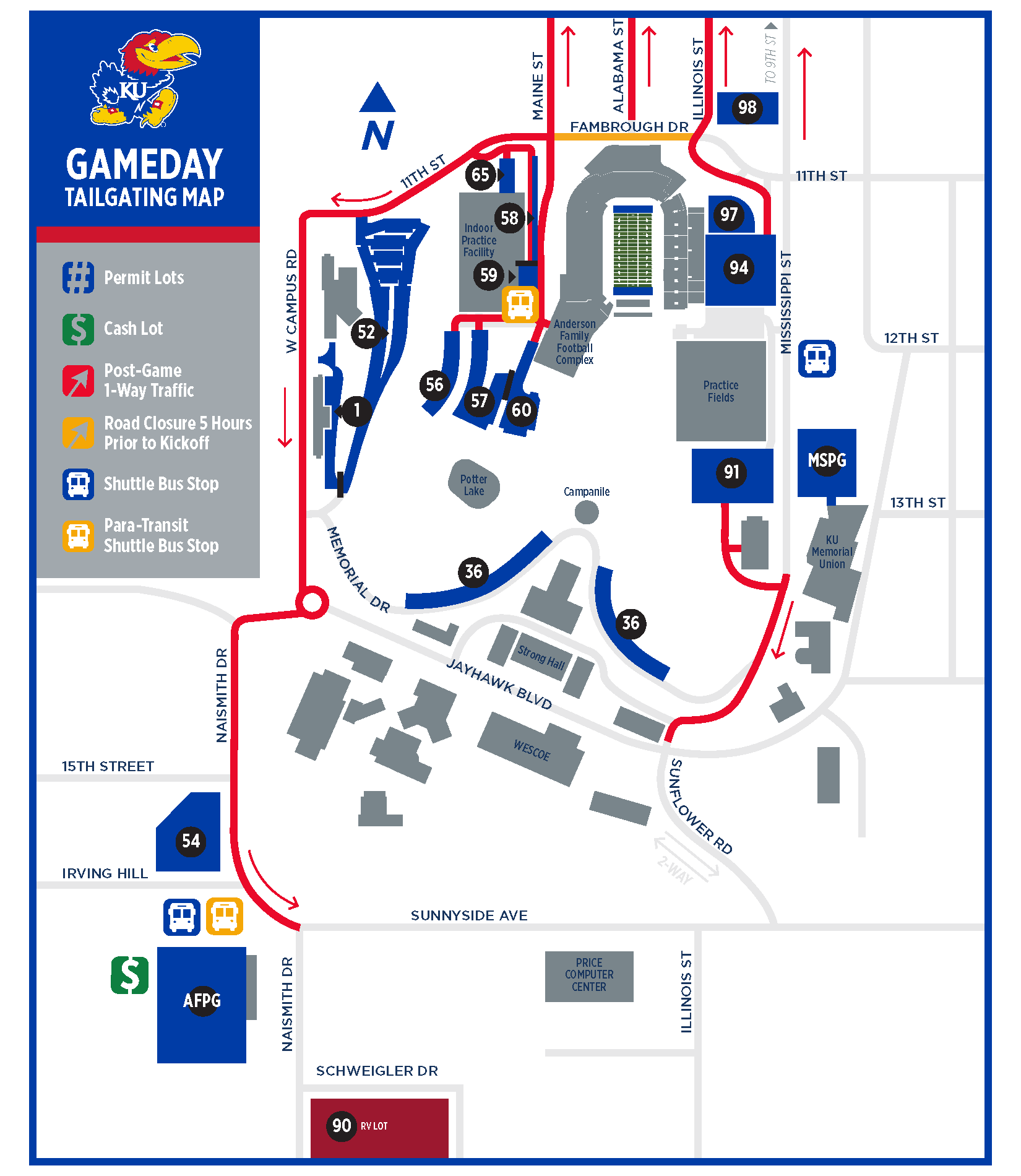 A map showing game day parking lots and post-game traffic pattern.